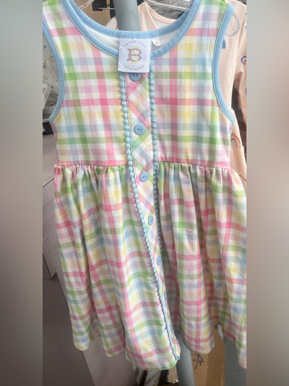 Pastel Plaid Sleeveless Girls Dress - Blue Trim